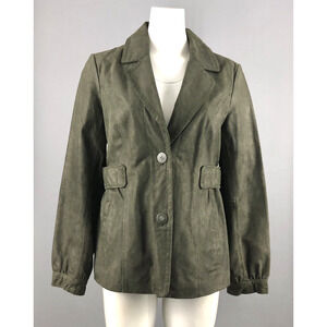 Bernardo Y2K Suede Leather Button Jacket M Green Shimmer Pockets Shawl Collar